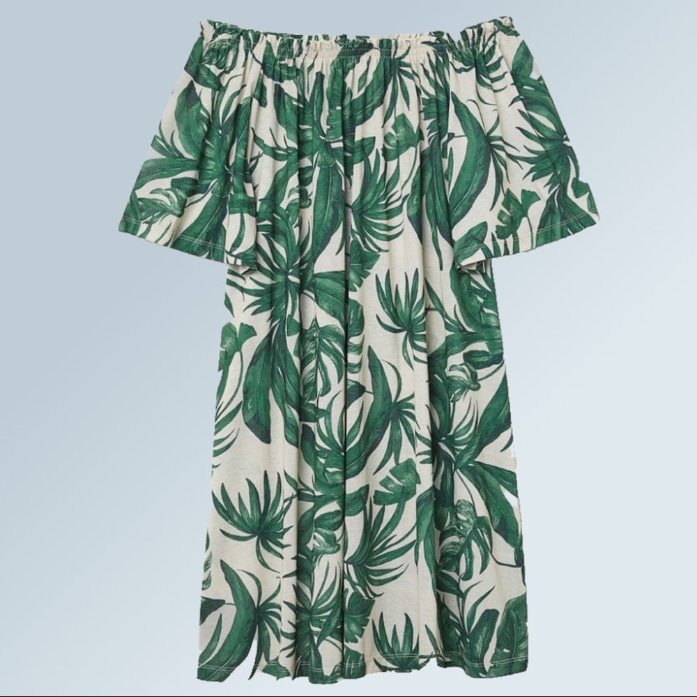 H&M Tan and Green Palm Print Portrait Off Shoulder Dress or Cover-up Size S